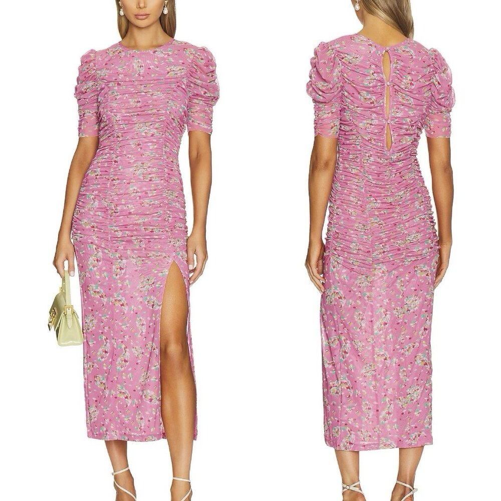 NWOT Free People Briella Ruched Midi Dress Hot Pink Combo Women’s Size Small